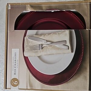 Six Red Metallic 13” Plastic Charger Plates. Beaded Rim. Set Of Six